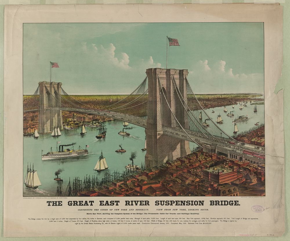 The great East River suspension bridge: connecting the cities of New York and Brooklyn. view from New York, looking south…