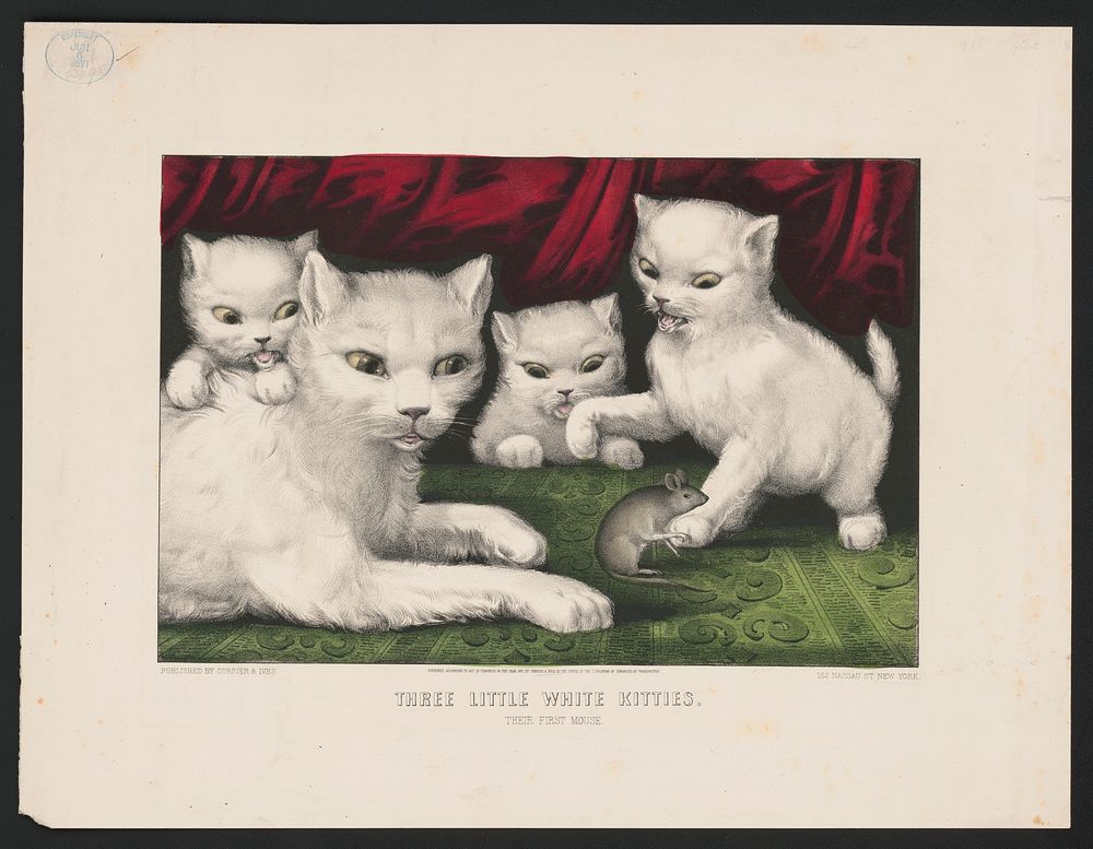 Three little white kitties - their first mouse, Currier & Ives.
