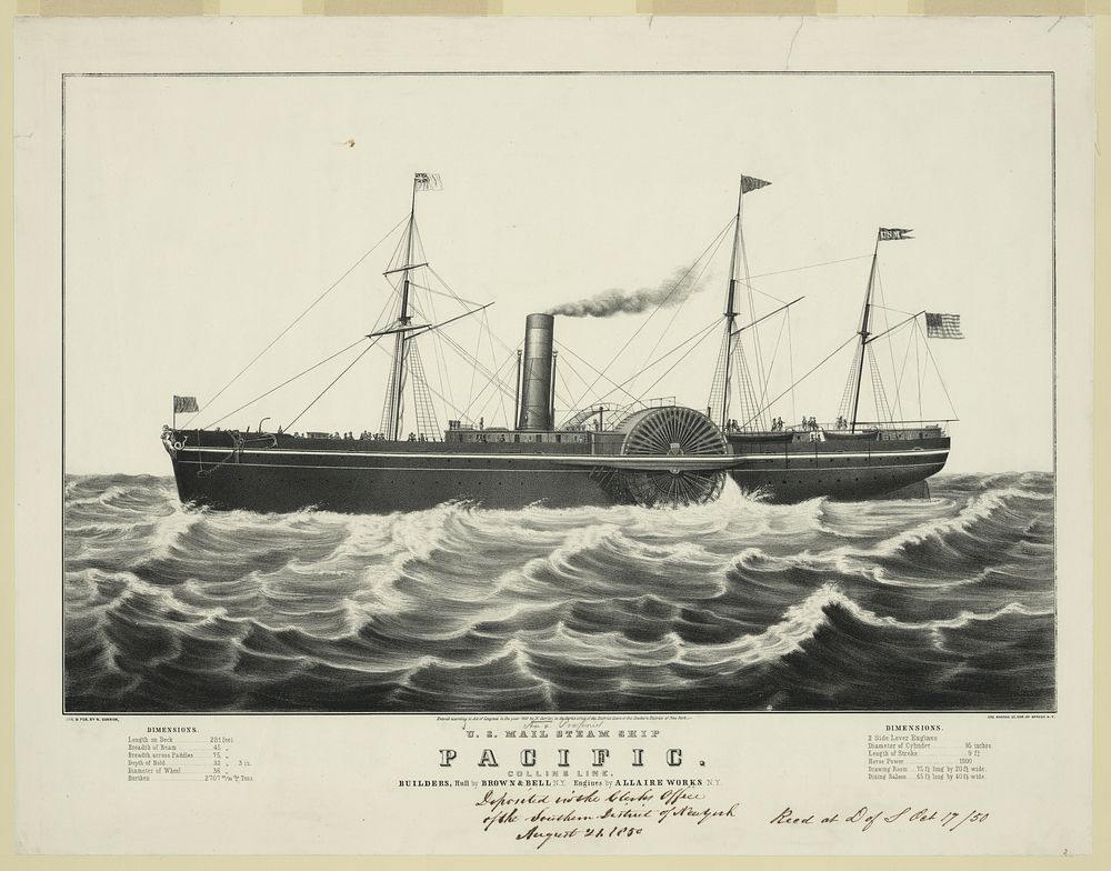 U.S. mail steam ship Pacific: Collins line, builders, hull by Brown & Bell N.Y. engines by Allaire Works N.Y., N. Currier…