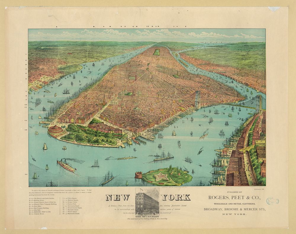 New York: a birdseye view from the harbor, showing Manhattan Island in its surroundings, with various points of interest in…