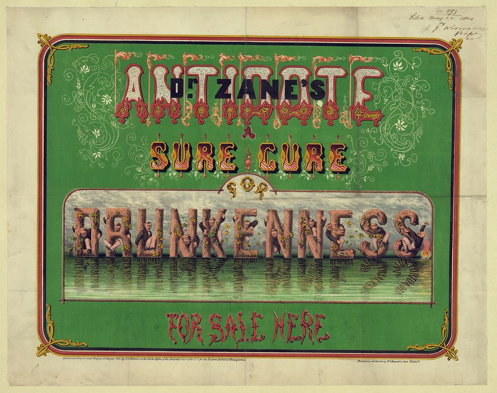 Dr. Zane's antidote - a sure cure for drunkeness - for sale here, c1864.