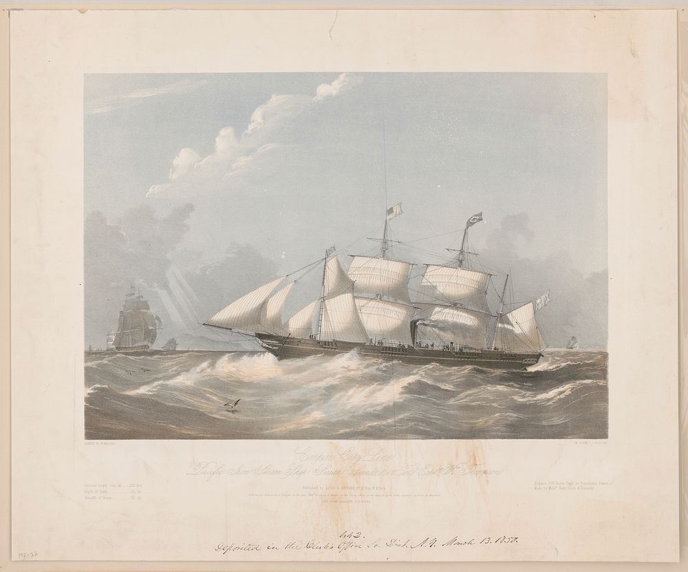 Empire city line. Pacific iron steam ship Sarah Sands, 1500 tons Captn. Wm. Thompson, c1850 Mar. 13.