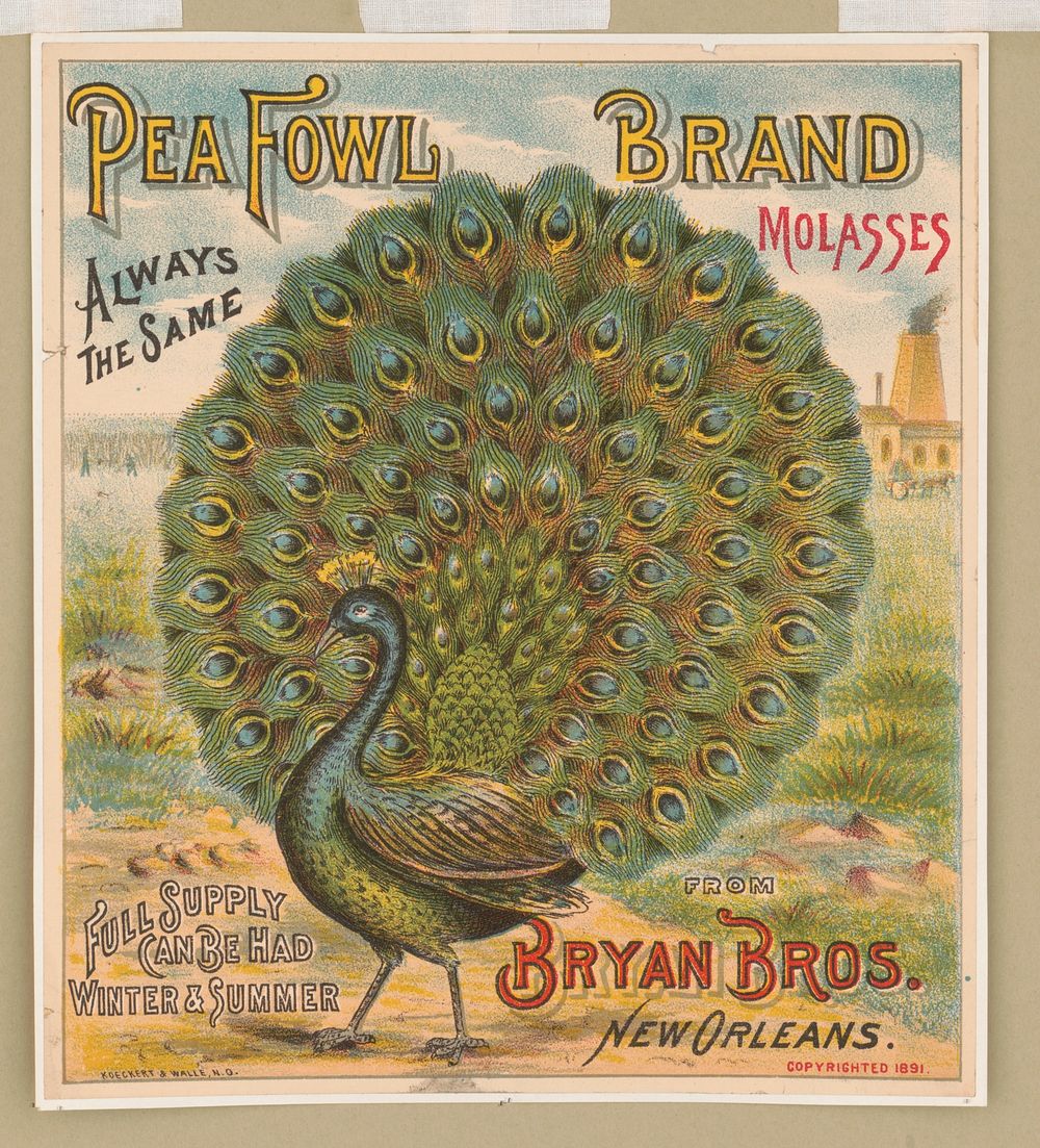 Pea Fowl brand molasses. Bryan Bros. New Orleans, c1891.