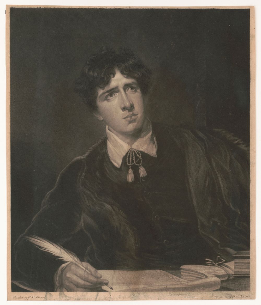 [Portrait of a young man pondering what to write with quill in hand and paper set before him] / painted by G.H. Harlow ;…