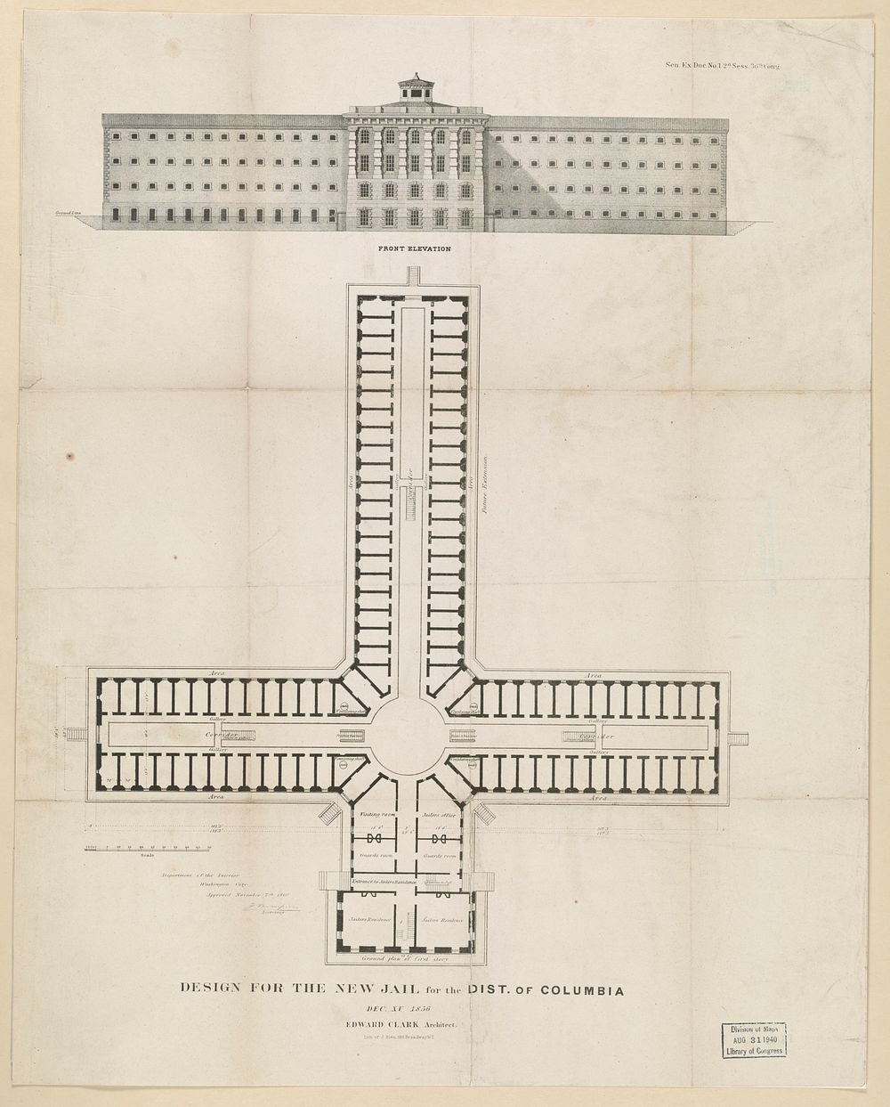 Design for the new jail for the Dist. of Columbia. Dec. XV 1856. Edward Clark architect / lith of J. Bien, 180 Broadway N.Y.