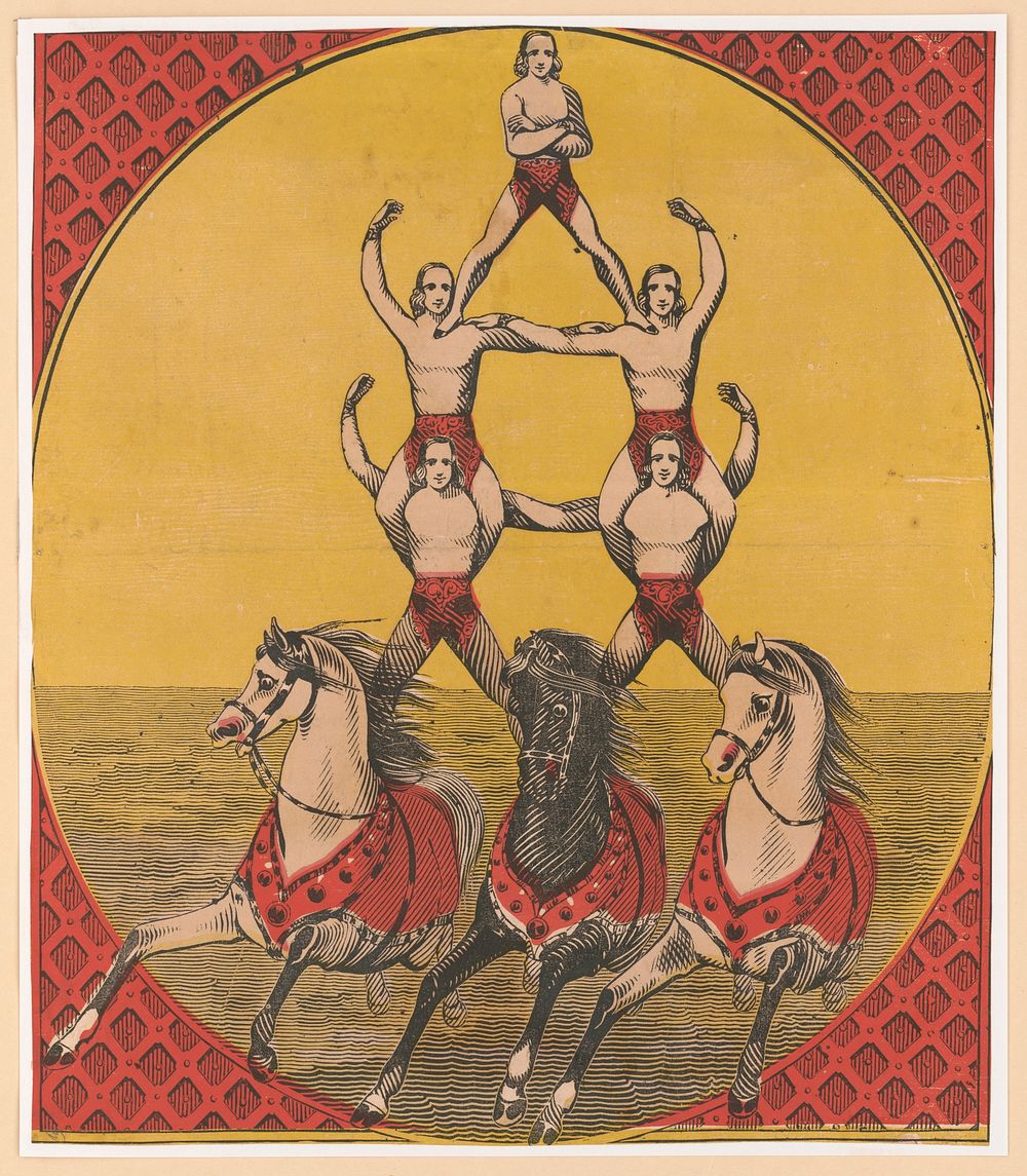 Five acrobats on three horses