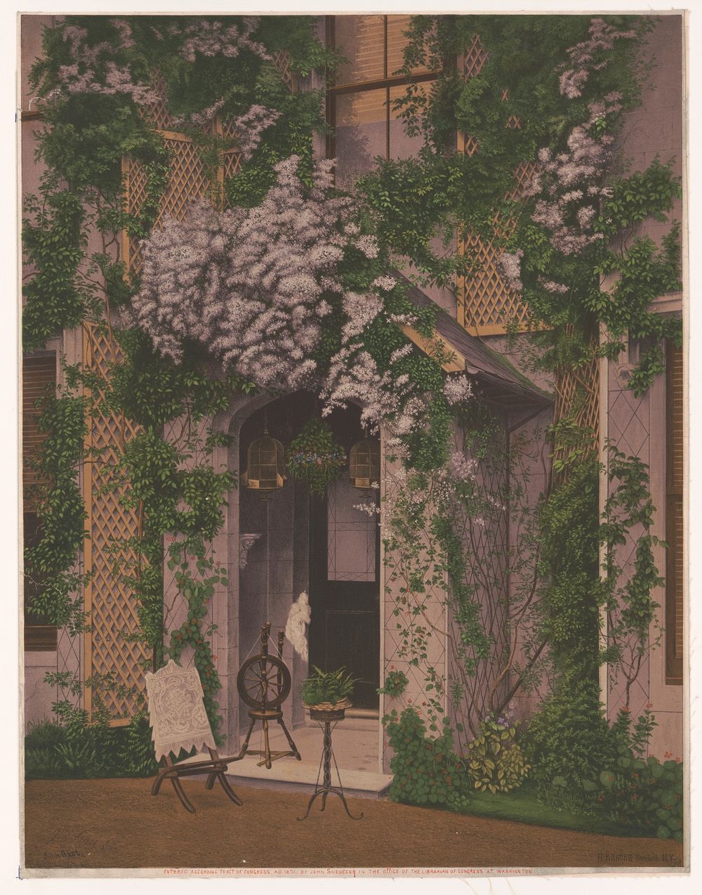 [House front with chair, spinning wheel, plants and bird cages in doorway.]