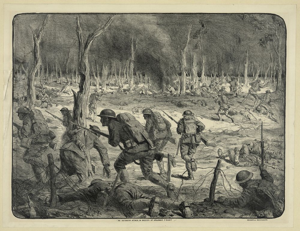 An infantry attack in woods at Argonne front / L. Jonas, 1927. by Lucien Jonas (1880-1947)