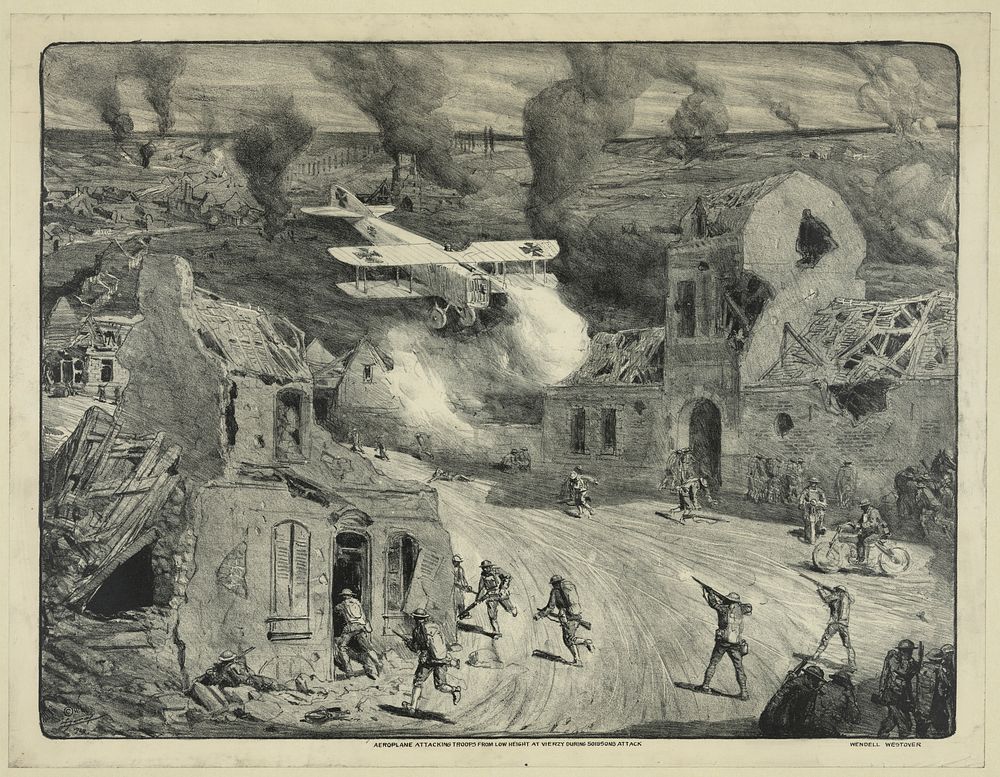 Aeroplane attacking troops from low height at Vierzy during Soissons attack / L. Jonas, 1927. by Lucien Jonas (1880-1947)