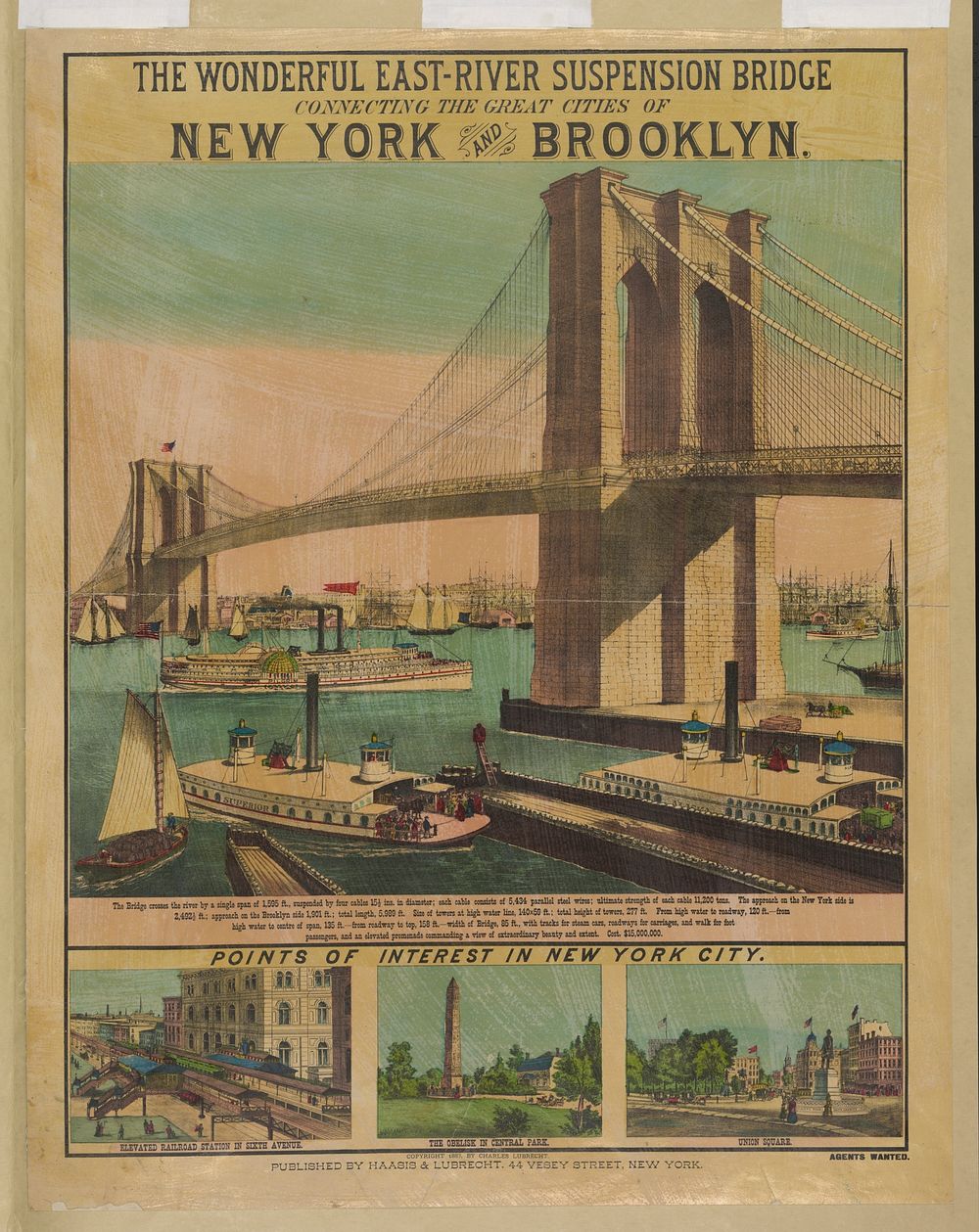 The wonderful East-River suspension bridge connecting the great cities of New York and Brooklyn