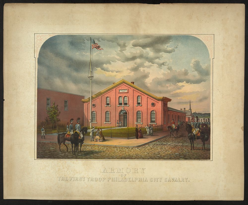 Armory of the First Troop Philadelphia City Cavalry / Jas. Queen del., P.S. Duval & Son (printer)
