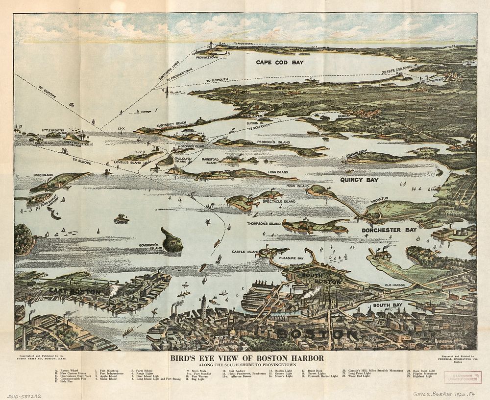Bird's eye view of Boston Harbor along the South Shore to Plymouth, Cape Cod Canal, and Provincetown : in colors : showing…