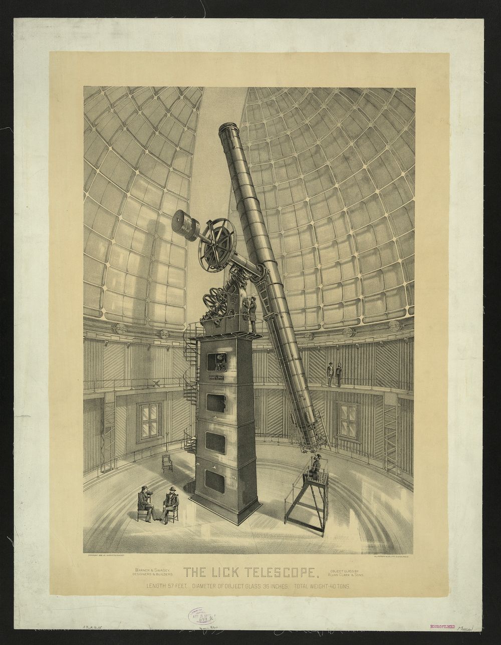 The Lick telescope, length 57 feet, diameter of object glass 36 inches, total weight 40 tons / W.J. Morgan & Co. Lith.…