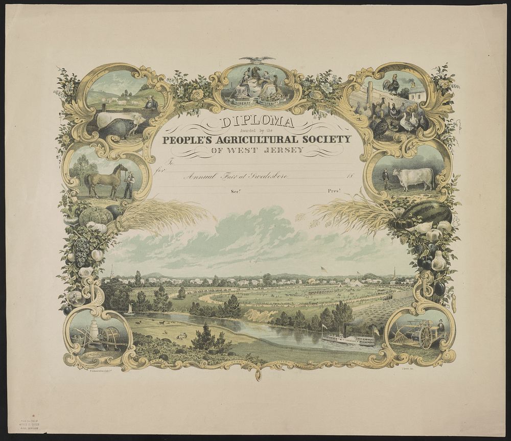 Diploma awarded by the People's Agricultural Society of West Jersey / P.S. Duval & Son's Lith. Pa. ; J. Queen del., P.S.…