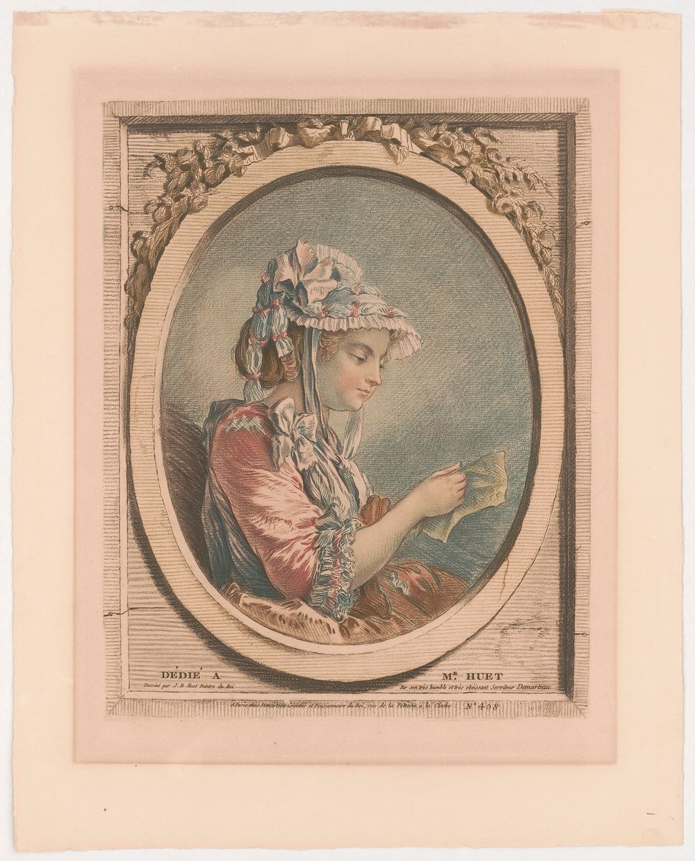[Girl reading a letter] / dessiné par J.B. Huet peintre du Roi par son très humble et très obéissant serviteur Demarteau.