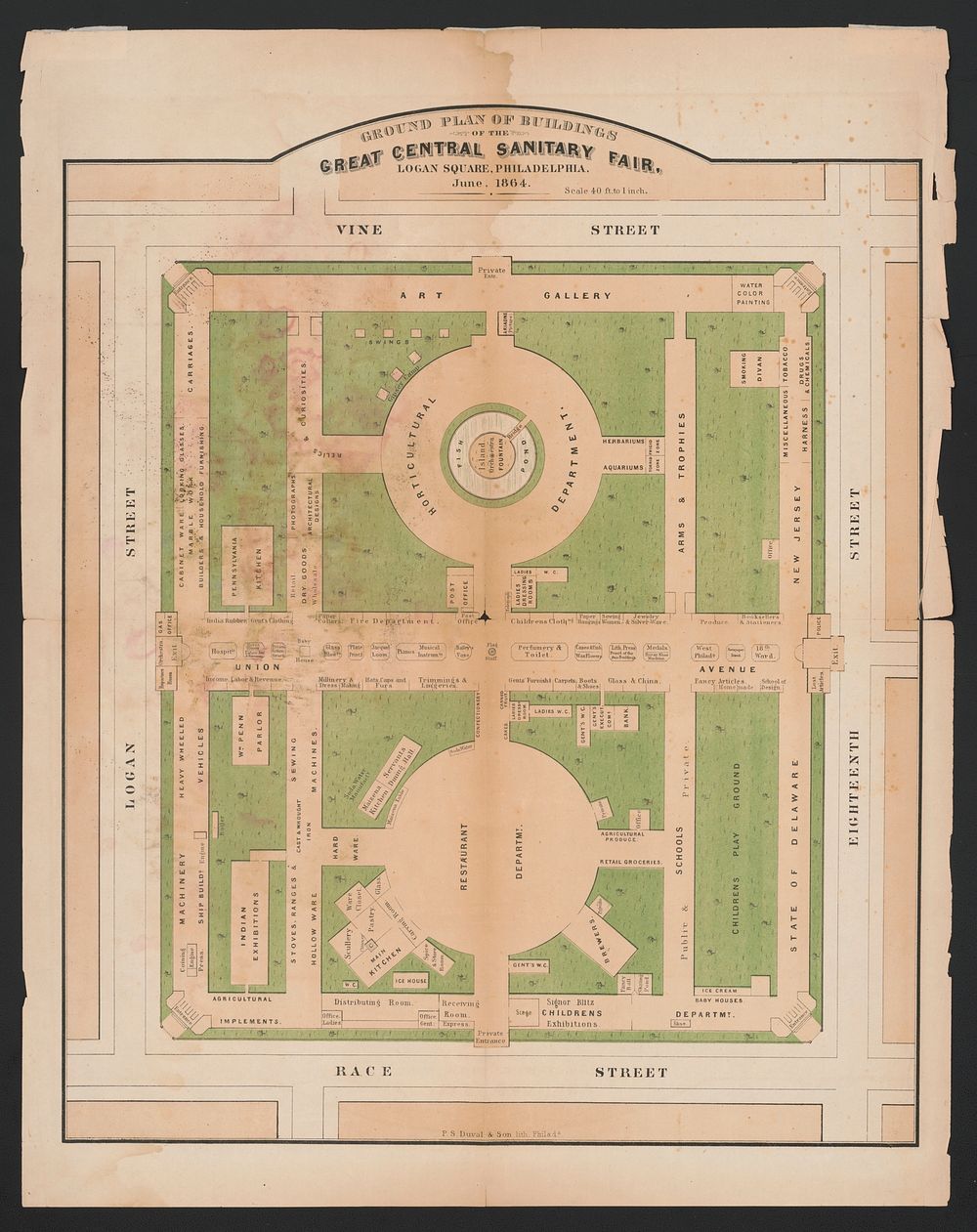 Ground plan of buildings of the great central sanitary fair, Logan Square, Philadelphia, June 1864, P.S. Duval & Son…