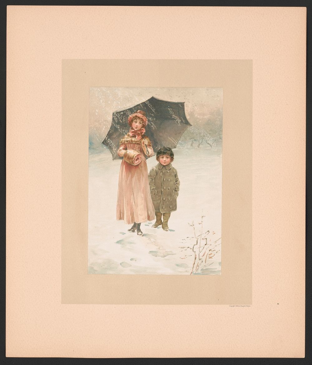 ["In January" - illustration for "Baby's Lullaby Book ... by Charles Stuart Pratt" showing two young children standing in…