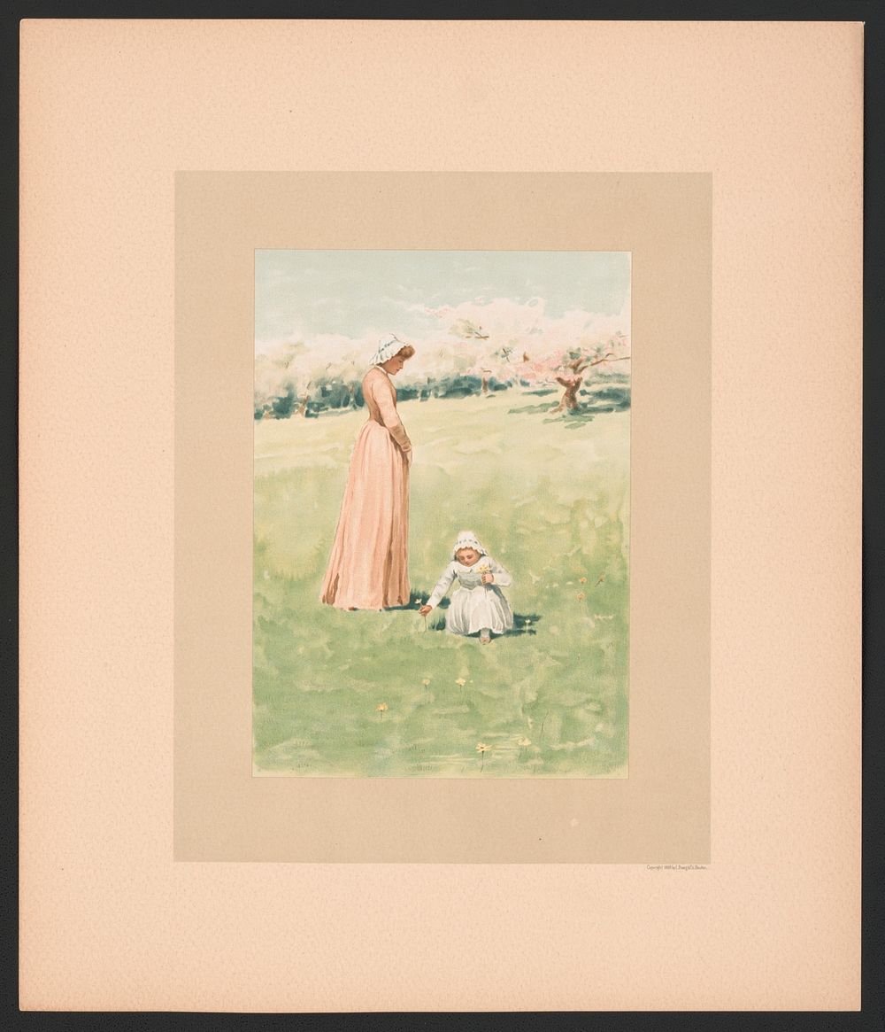 ["In May" - illustration for "Baby's Lullaby Book ... by Charles Stuart Pratt" showing a young child picking flowers in a…