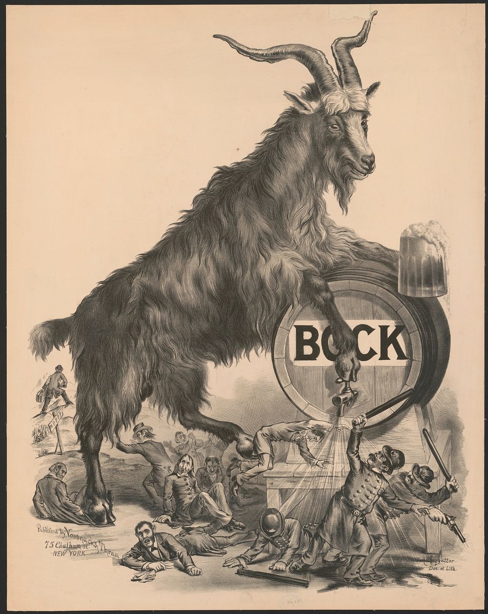 [Giant bock goat resting on a keg, holding a mug of beer, men under the goat scrambling]