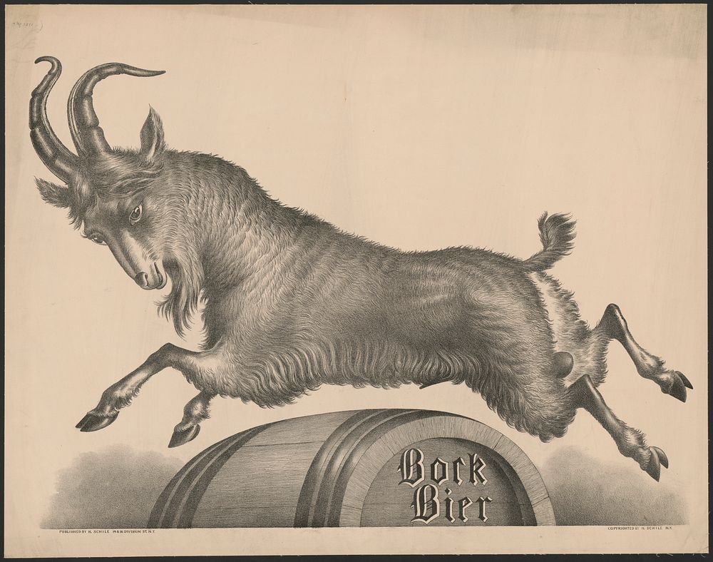 Bock Bier [goat jumping over barrel marked with title]