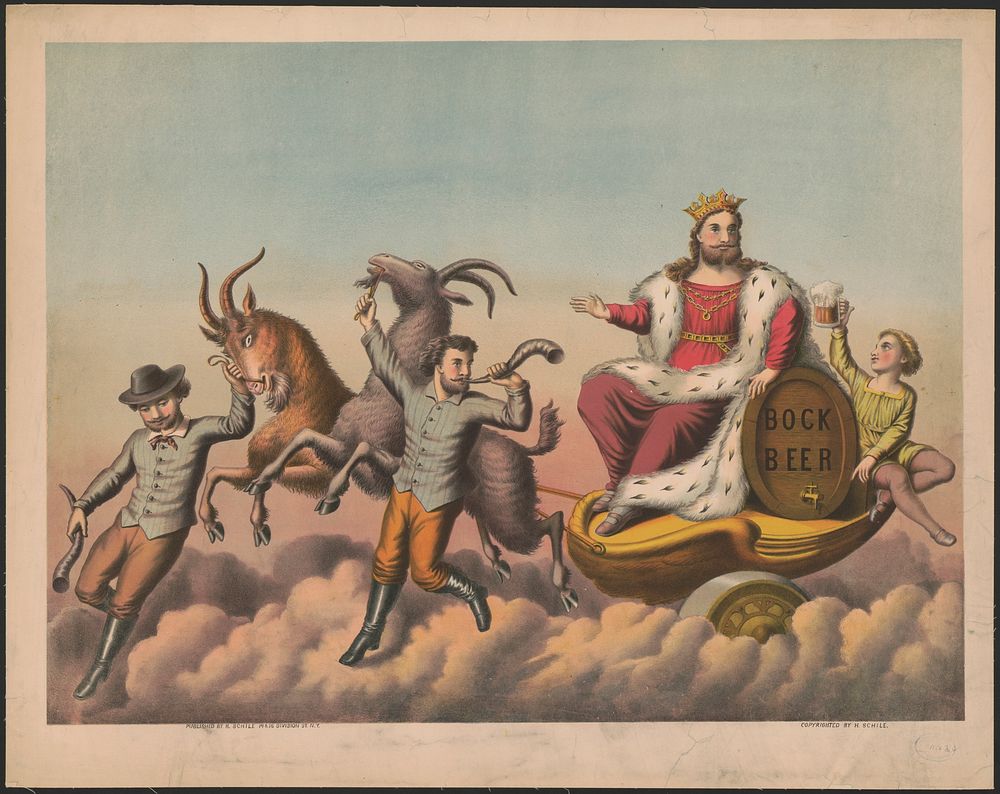Bock Beer [goats carrying Gambrinus on a chariot, two men are alongside the goat and a woman is handing Gambrinus a mug of…