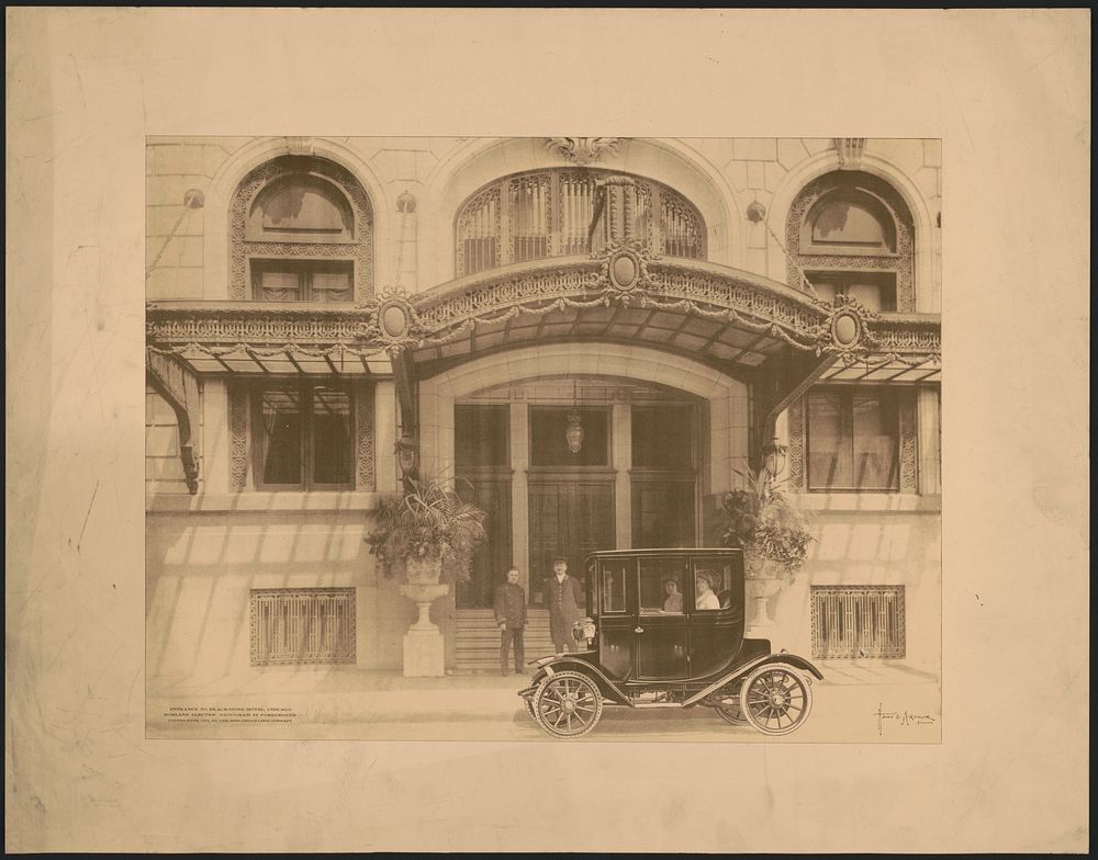 Entrance to Blackstone Hotel, Chicago, Borland-Electric Brougham in foreground