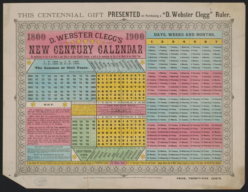 D. Webster Clegg's new century calendar for ascertaining the day of the week of your birth, or any other eventful occasion;…