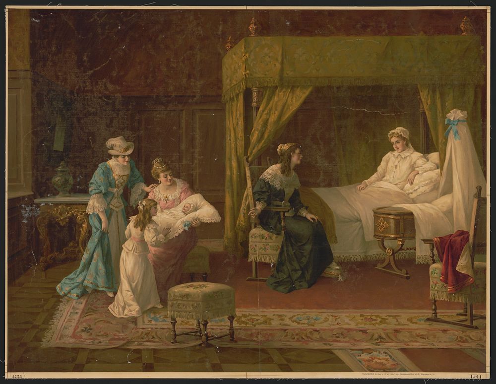 [Women admiring new baby while mother rests in bed]
