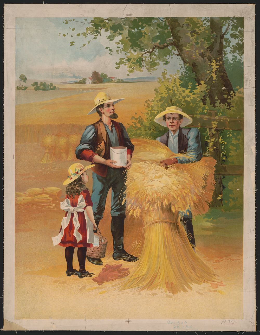 [Farmers and little girl in wheat field]