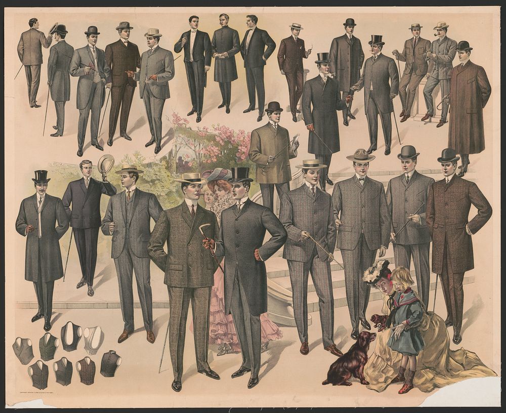 [Men in a variety of clothing styles and fashions, woman kneeling in the foreground with girl and dogs]