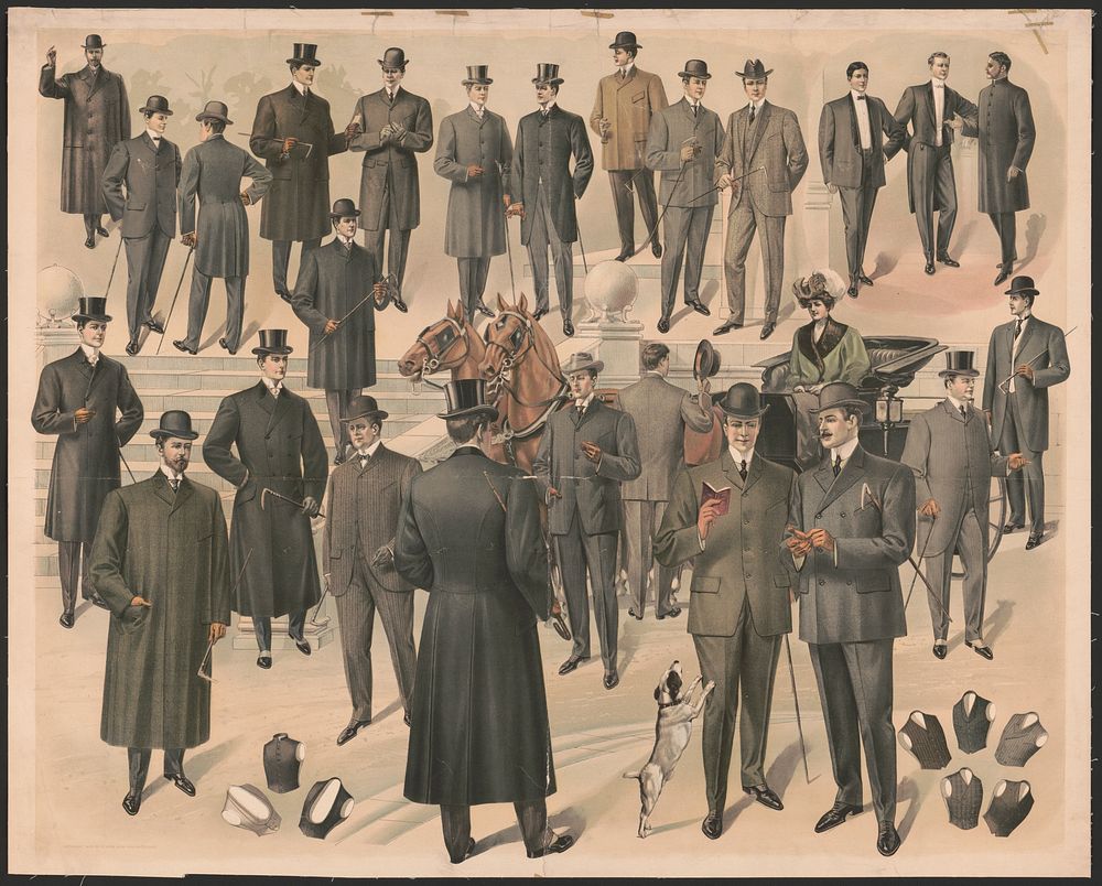 [Men wearing a variety of clothing styles and fashions surrounding woman in horse drawn carriage]