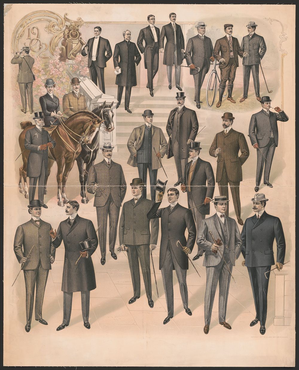 [Men wearing a variety of clothing styles and fashions, man and woman on horseback]