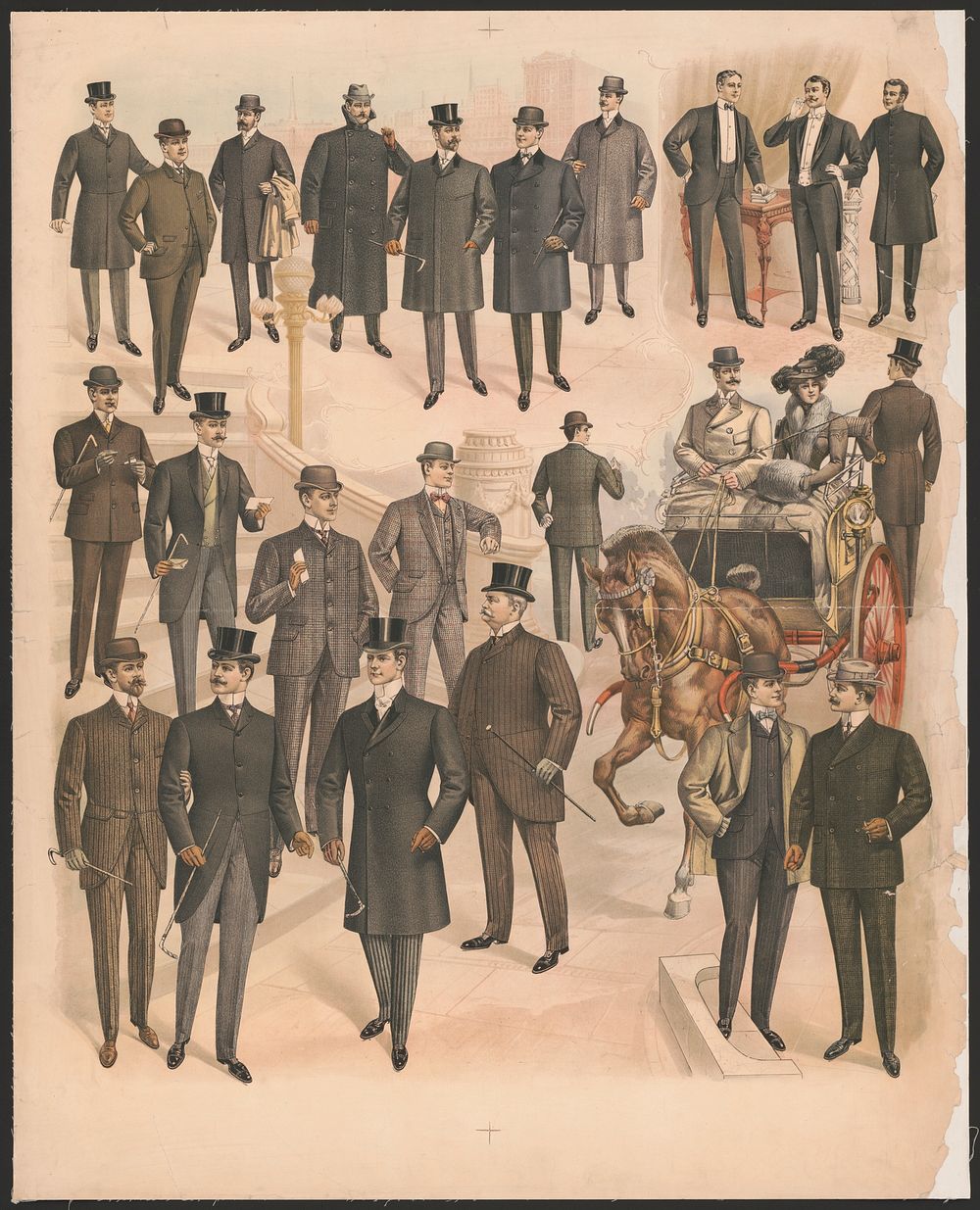 [Men wearing various clothing styles and fashions with horse drawn carriage]