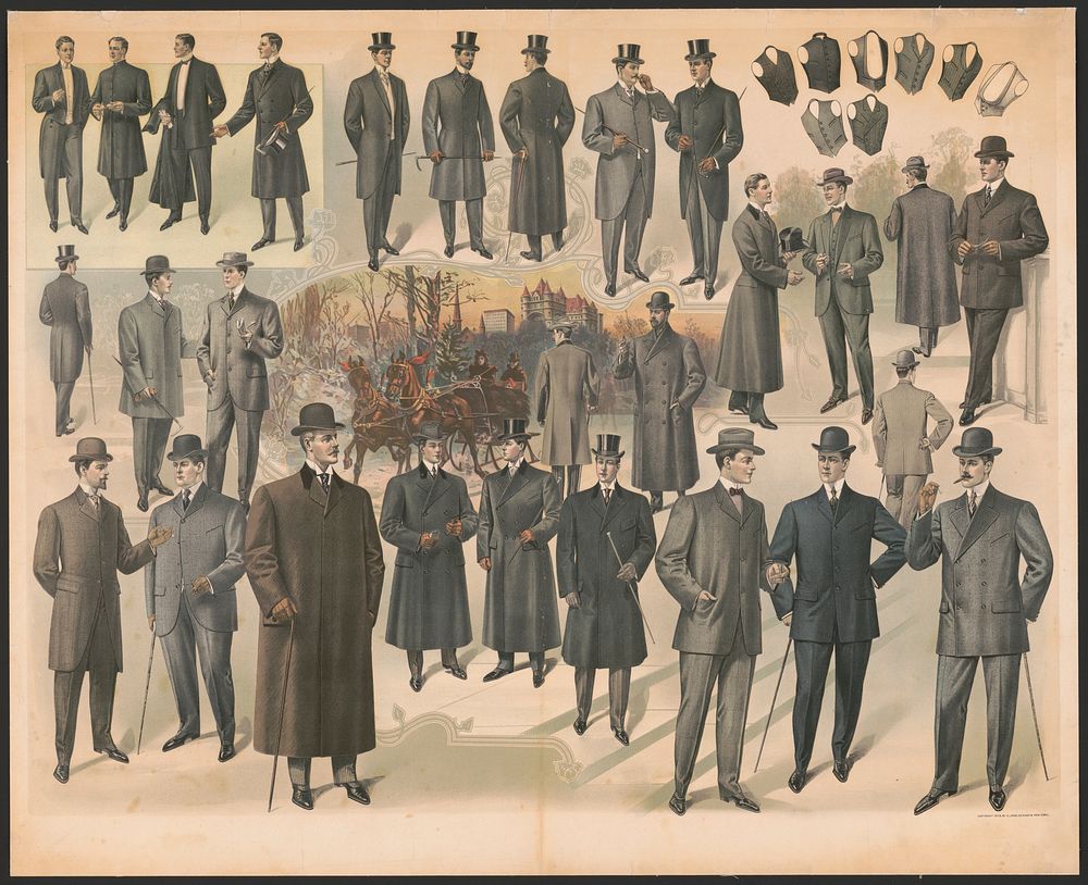[Men wearing a variety of clothing styles and fashions, horse drawn sled and buildings in background]