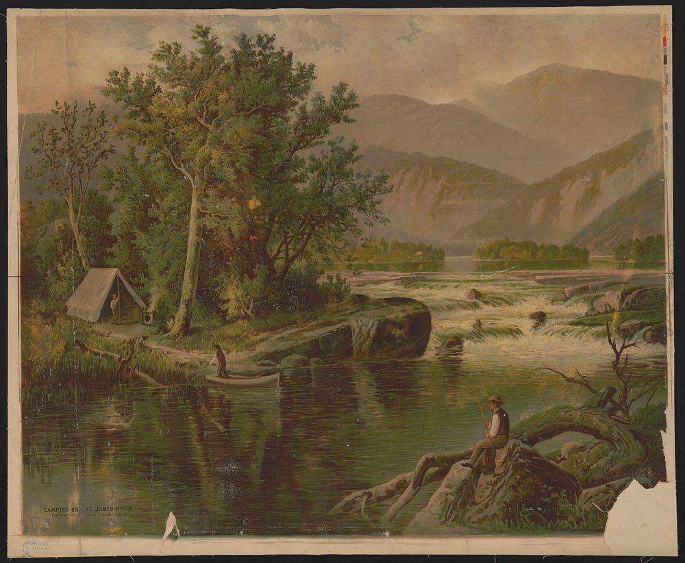 [River scene with men fishing and camping]