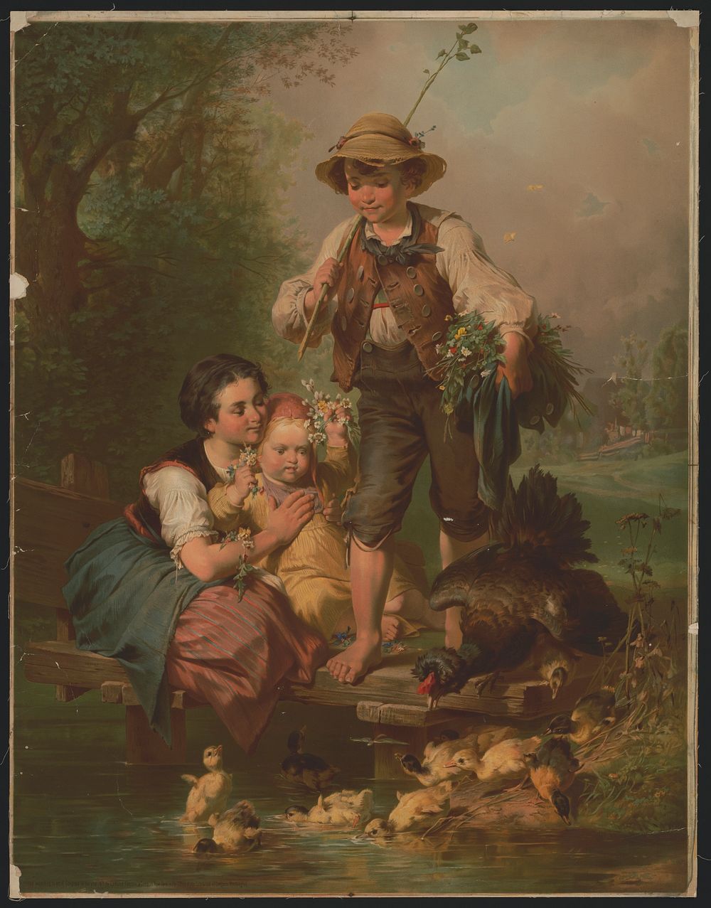 [German boy and girls with flowers watching ducklings]