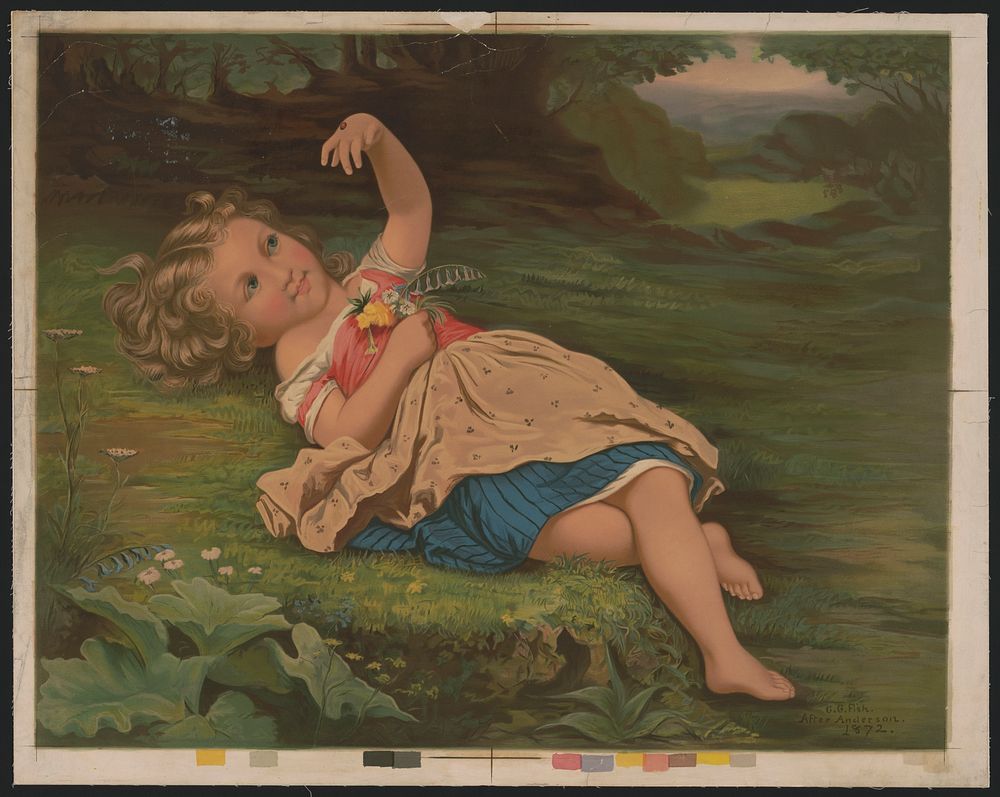 [Girl reclining on ground with ladybug and flowers]