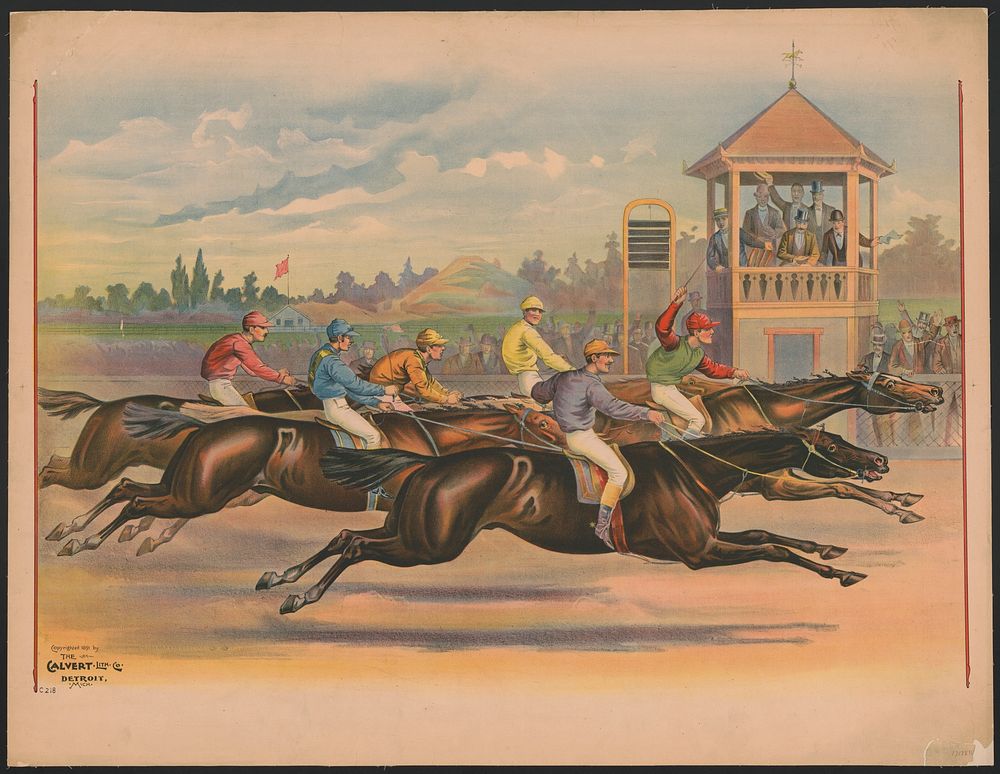 [Finish line of a horse race with six horses and riders]