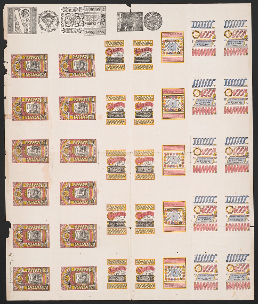 [Seven columns of labels advertising medicines for Dr. A.P. Sawyer, Dr. C.B. Ayer's, Chicago Pastille Co.]