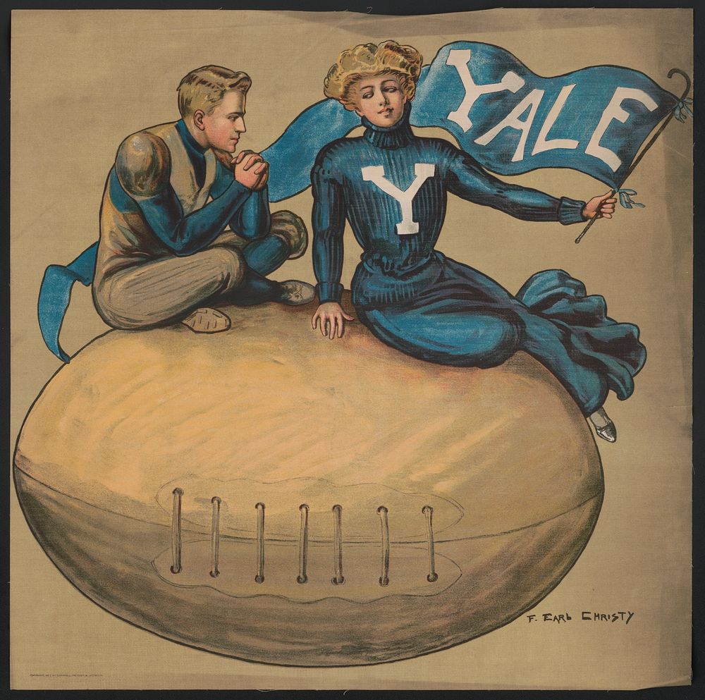 [Man and woman sitting on giant football with a Yale flag]