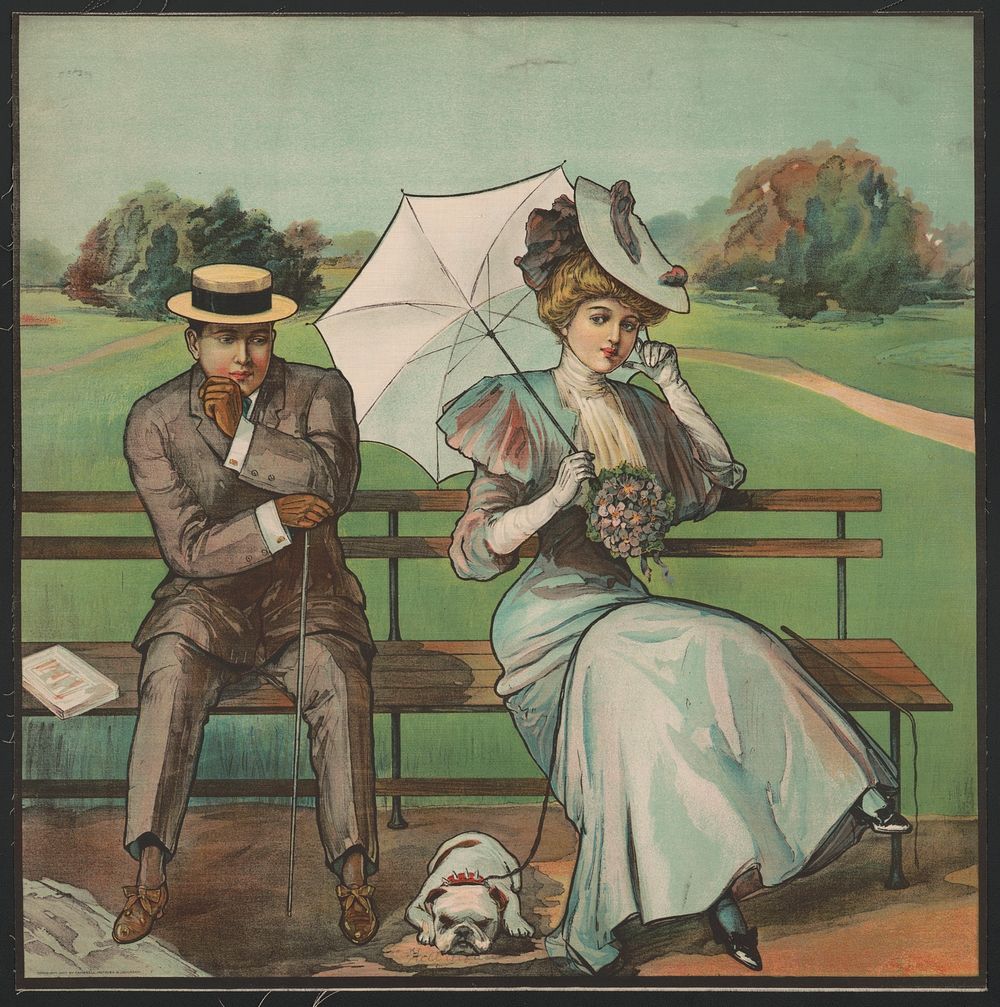 [Man and woman on park bench with English bulldog]
