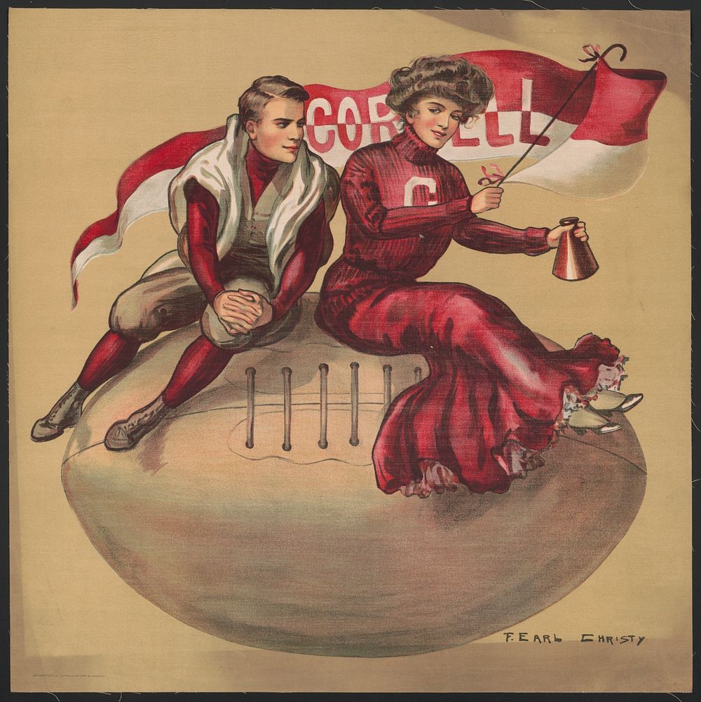 [Football player and cheerleader sitting on giant football with Cornell flag]