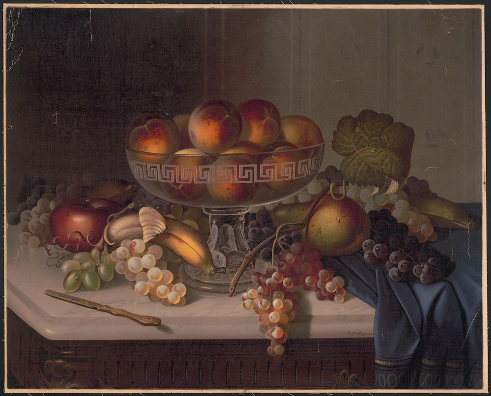 [Peaches in a glass bowl surrounded by grapes, pears, bananas and apples]