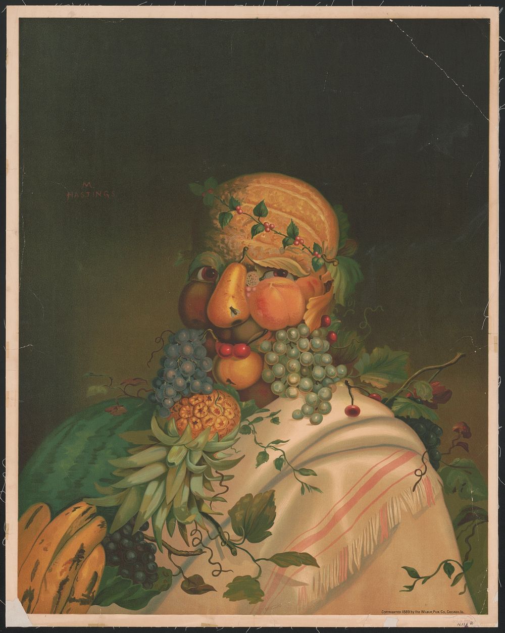 [Fruits arranged to form a man's face and hand]