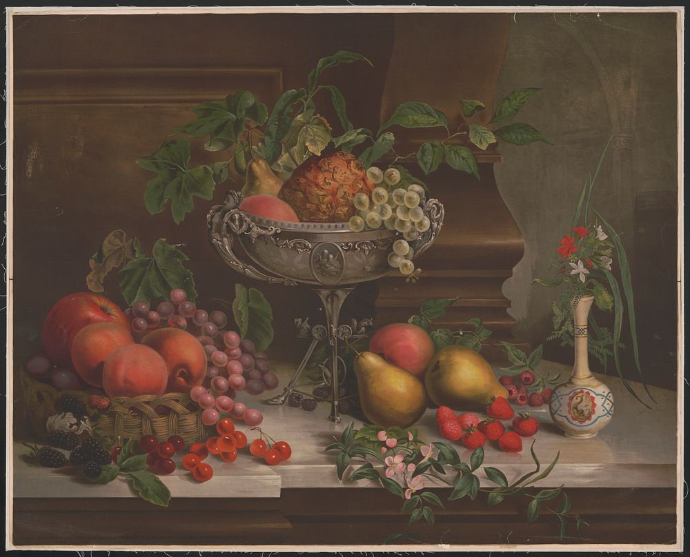 [Fruit in a basket and a bowl with flowers in white, red, and blue vase]