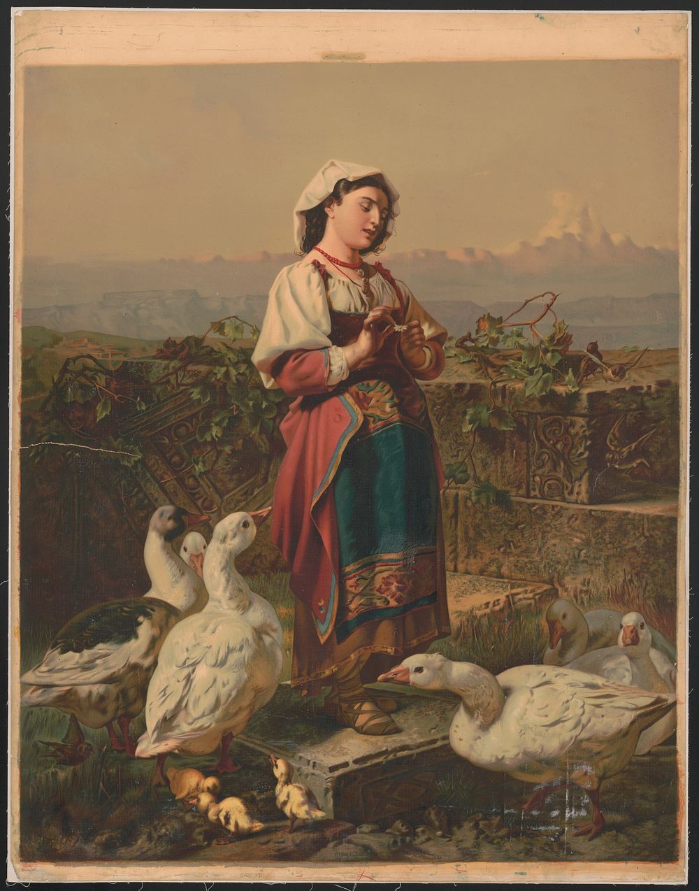 [Girl with geese and gosslings with mountains in the background]