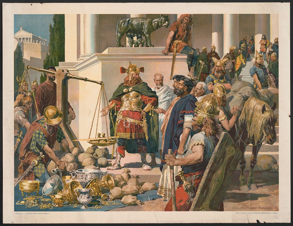 [Nordic military men negotiating with Romans over gold, silver bowls and coins]