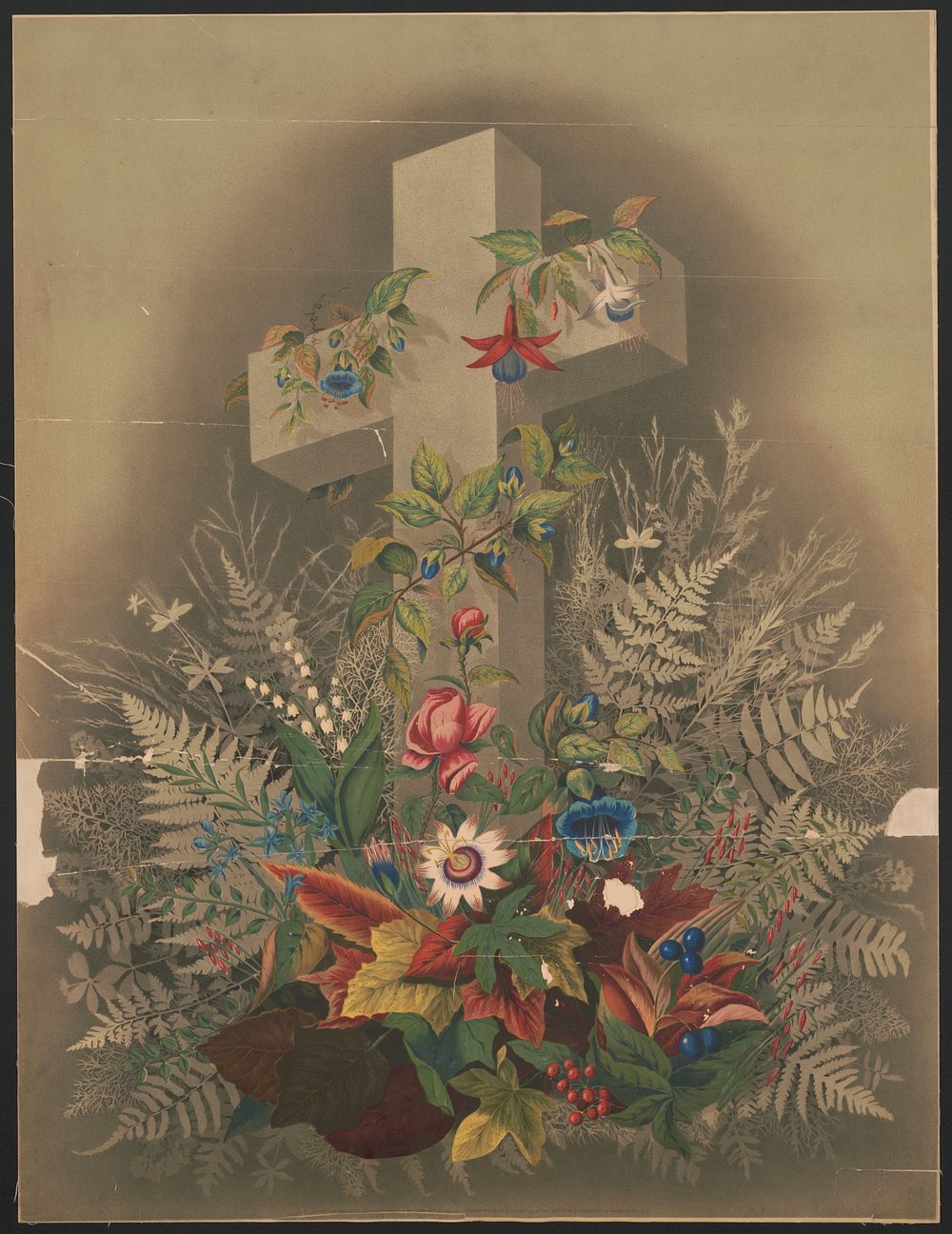 [Cross covered with ferns and flowers]