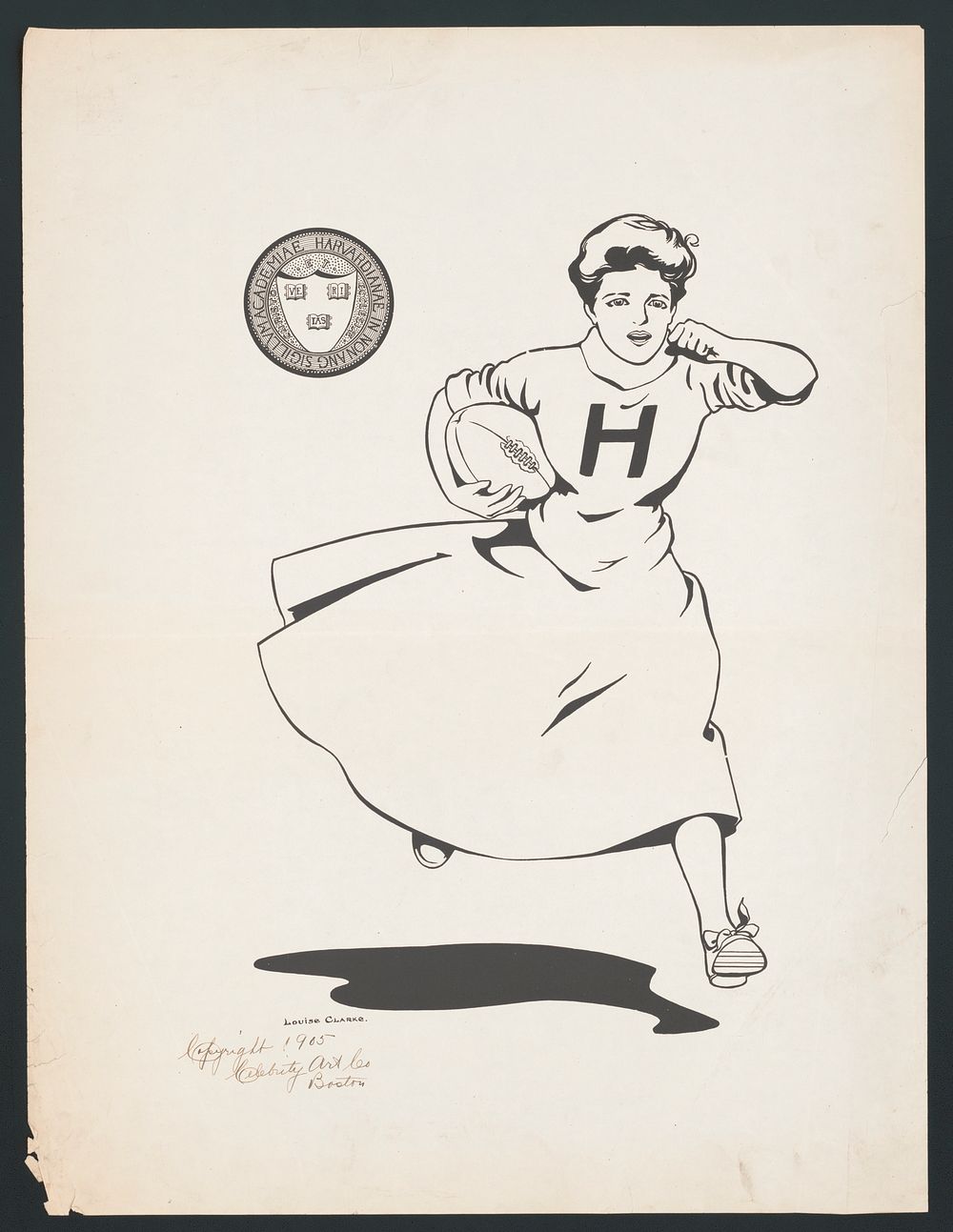 [Woman playing football, Harvard University]