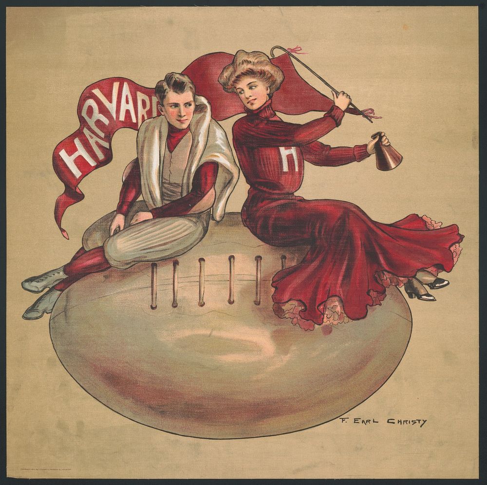 [Harvard football poster featuring male player and female spectator]